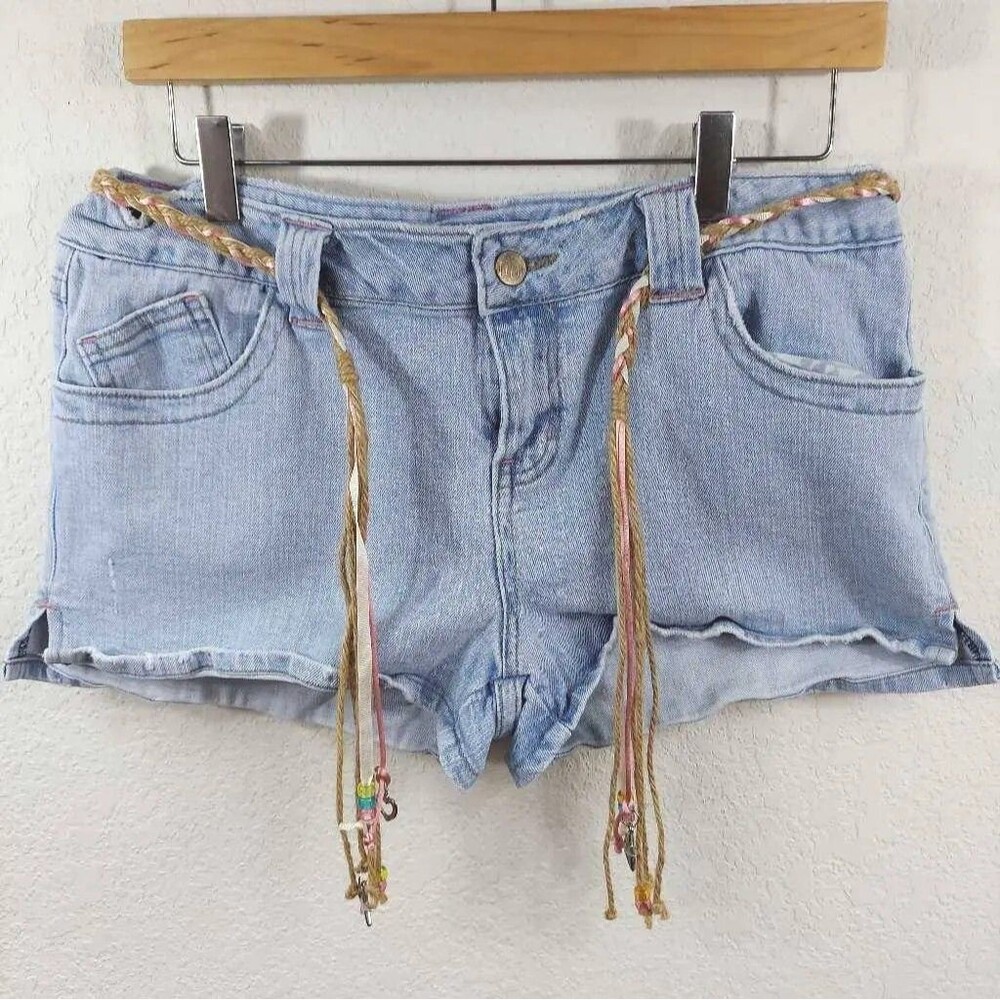 Lilu Jean Shorts Blue Belt Fringe Light Wash Zip Cotton Blend Beach Junior  13